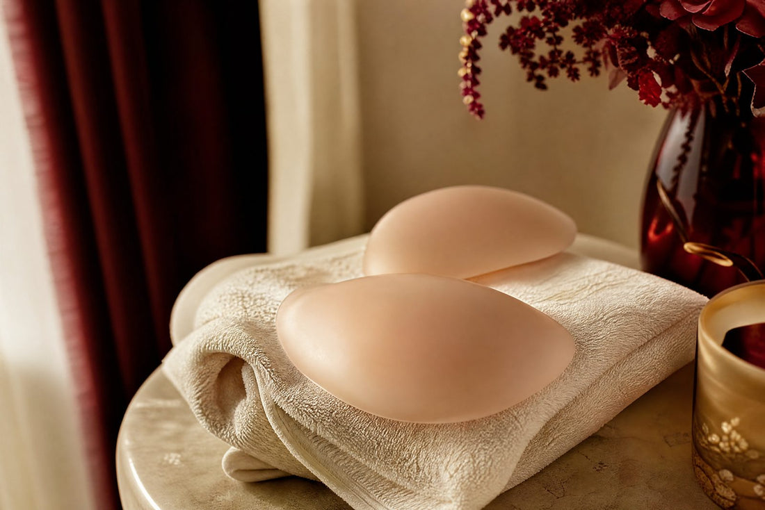 Cache-tetons en silicone grande taille disposes sur une serviette creme pliee