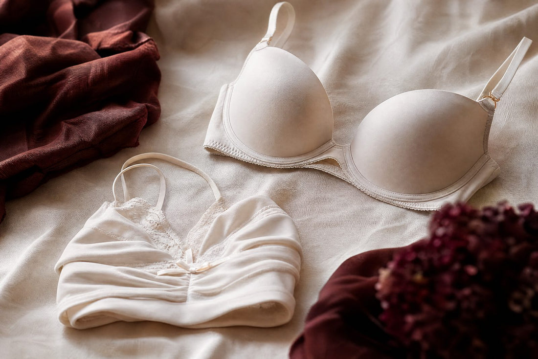 Brassiere creme souple pliee a cote d'un soutien-gorge structure sur du lin