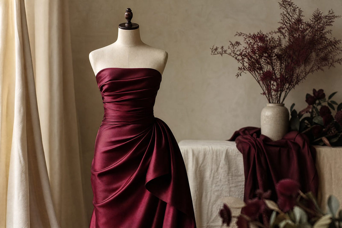 Robe bustier en satin sur un mannequin de couture, ambiance credit creme et bordeaux