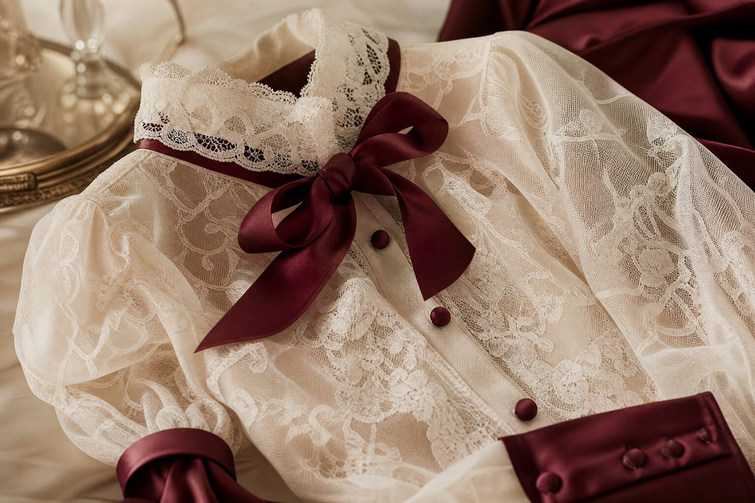Scène éditoriale crème et bordeaux : gros plan d'un chemisier en dentelle et voile délicat, lumière douce, élégante et pudique, sans texte