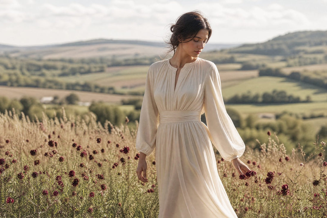 Femme en robe creme fluide dans un champ de campagne ensoleille
