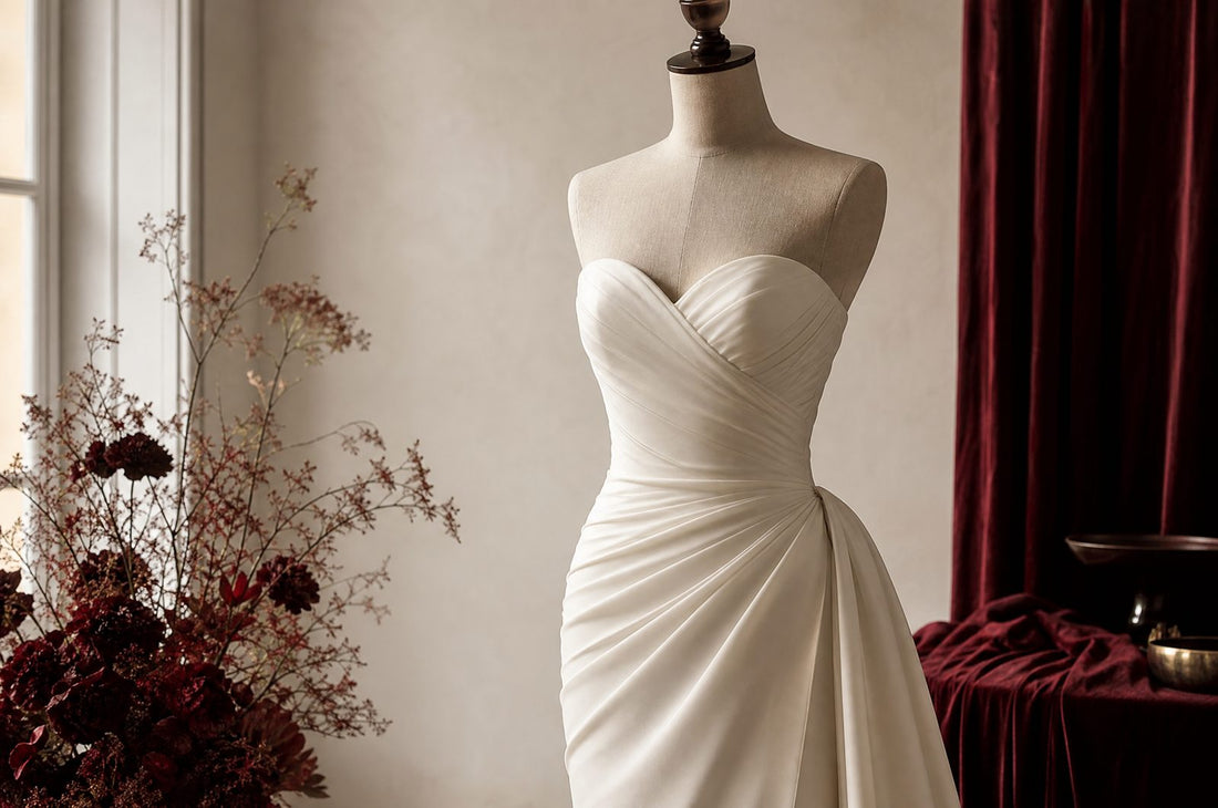 Buste d'une robe de mariee bustier ivoire sur un mannequin, lumiere douce