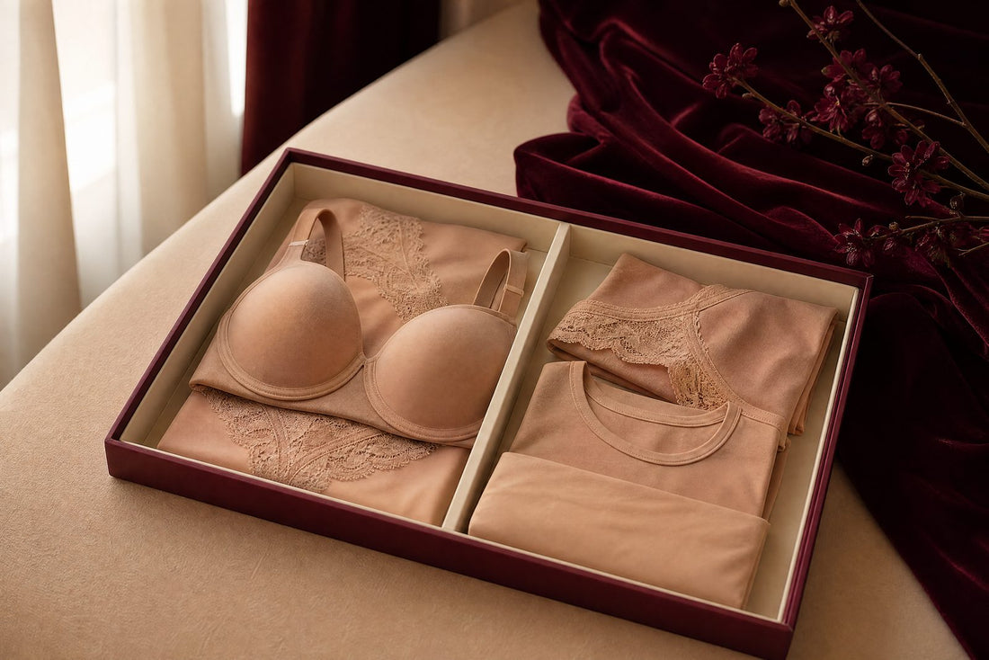 Sous-vetements couleur peau plies sur un plateau creme borde de bordeaux