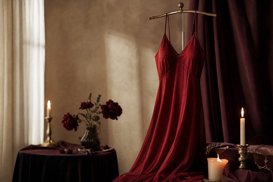 Robe nuisette rouge profond drapee sur un buste sous une lumiere de bougie