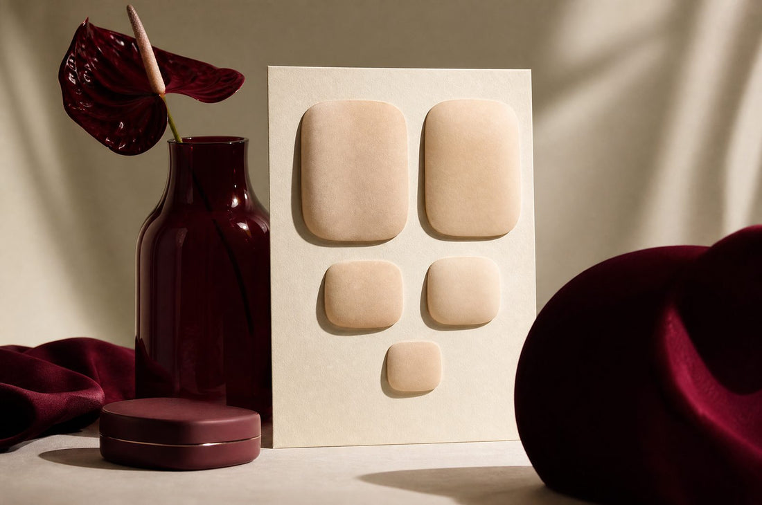 Cache-tetons en silicone de plusieurs tailles sur une carte creme