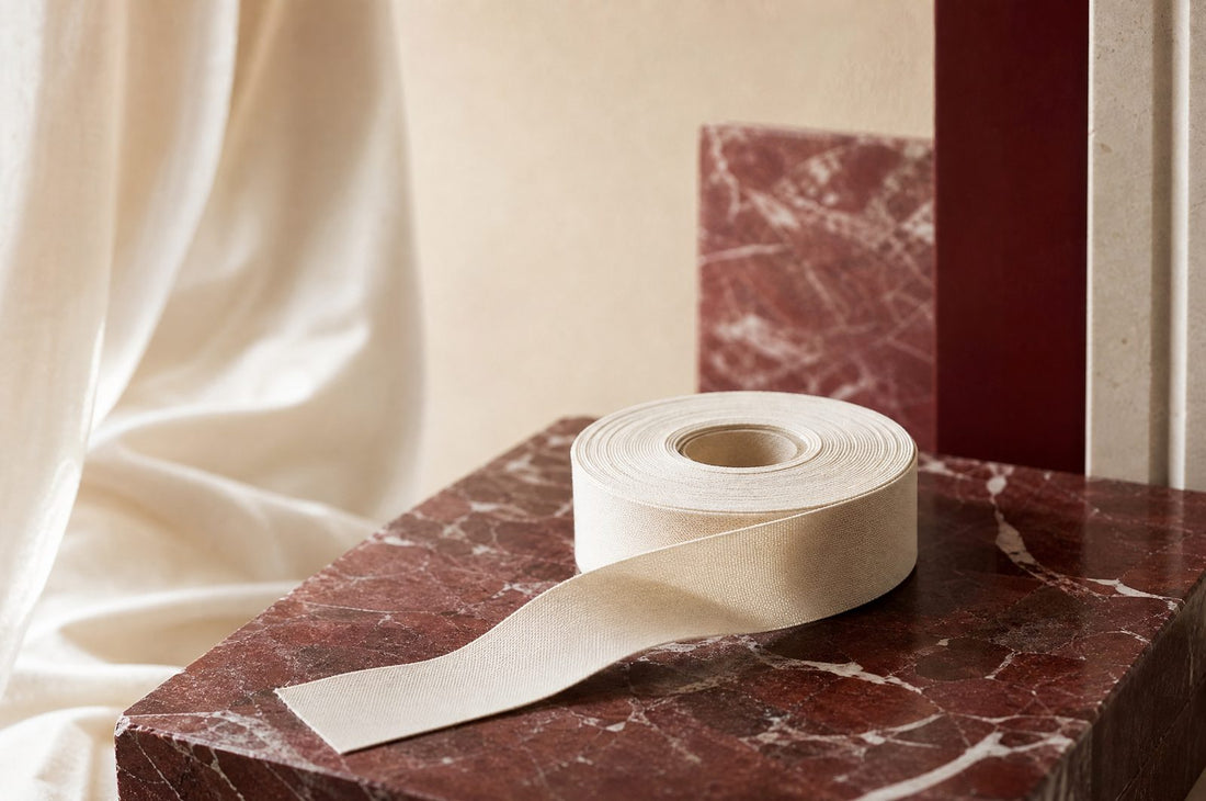 Rouleau de bande adhesive textile creme sur du marbre bordeaux