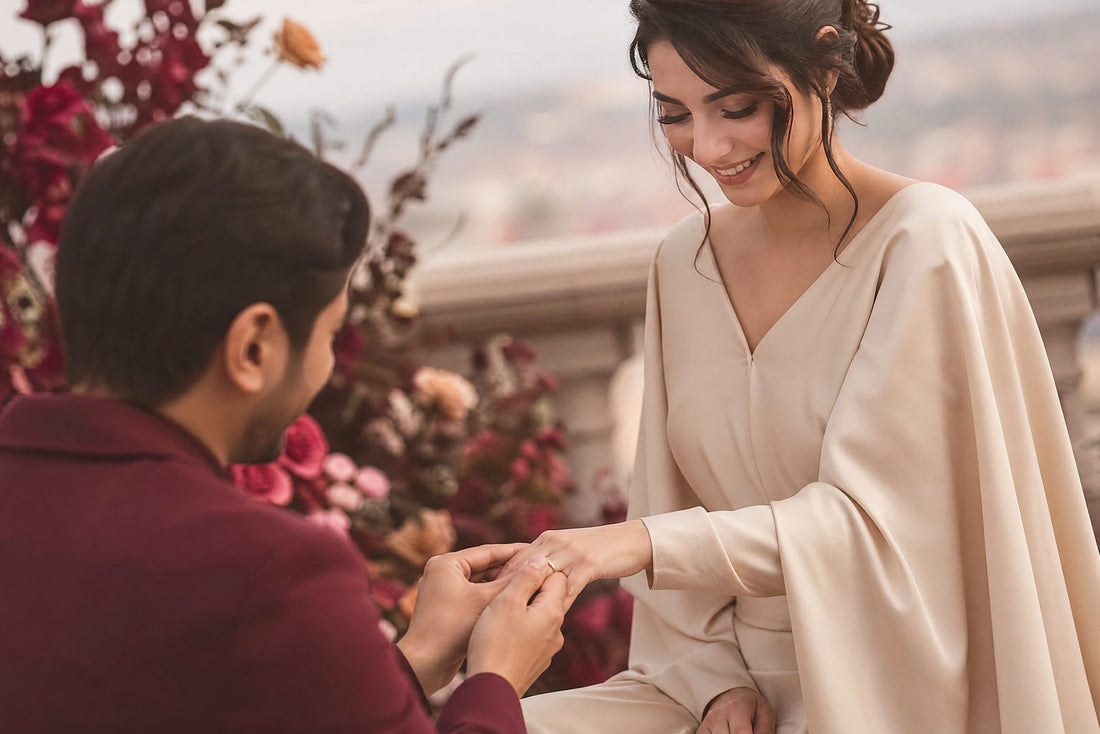 Moment de fiancailles, femme en robe creme gracieuse, mise au point douce