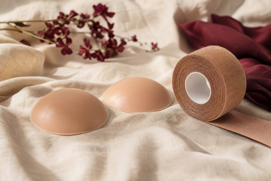 Cache-tetons en silicone a cote d'un rouleau de boob tape sur du lin creme