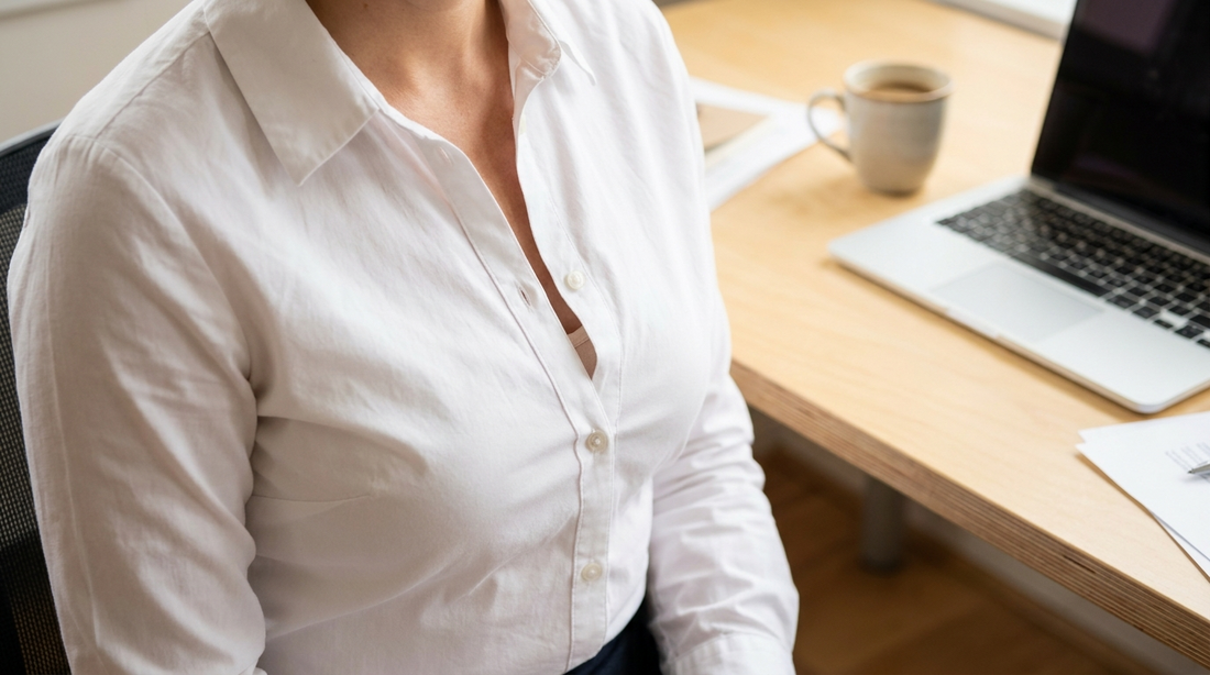 Chemisier blanc qui s'ouvre entre les boutons au bureau