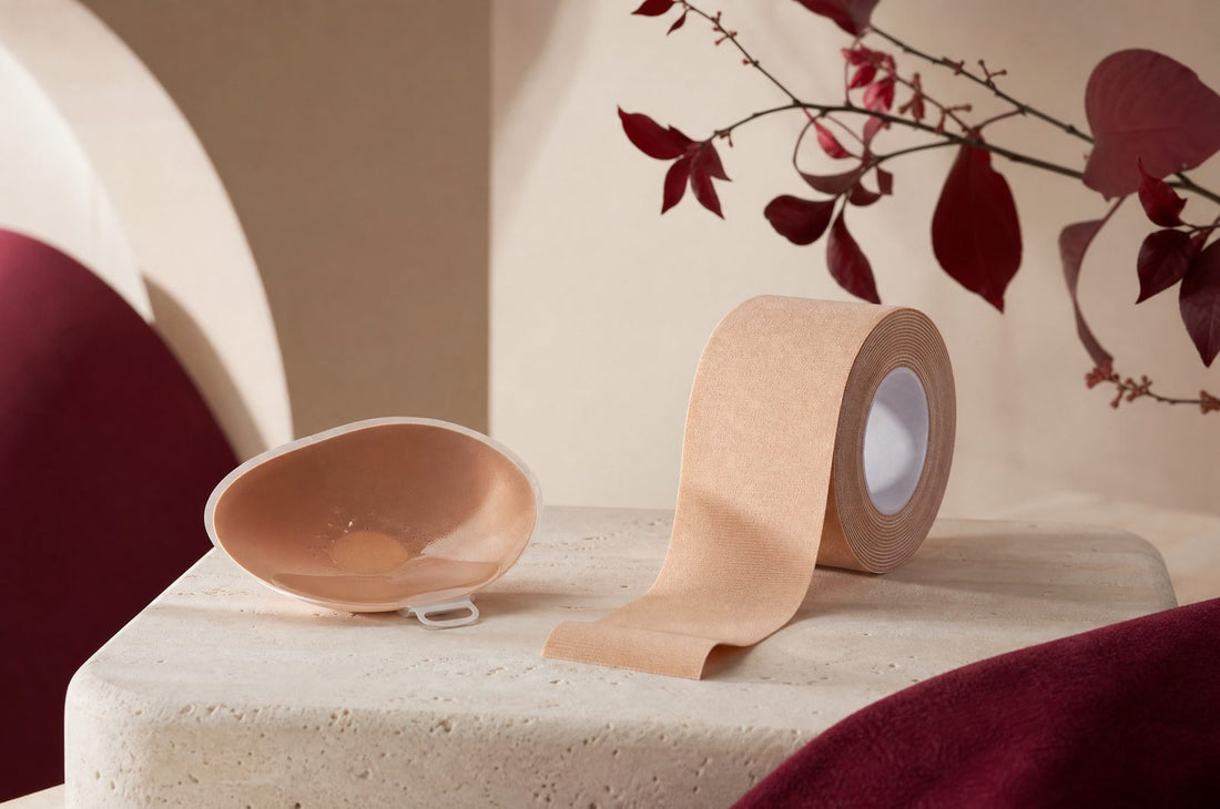 Coque adhesive a cote d'un rouleau de boob tape sur une pierre creme
