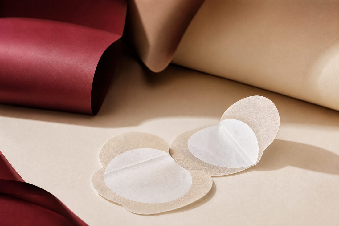 Coussinets adhesifs anti-transpiration disposes sur du papier creme et bordeaux