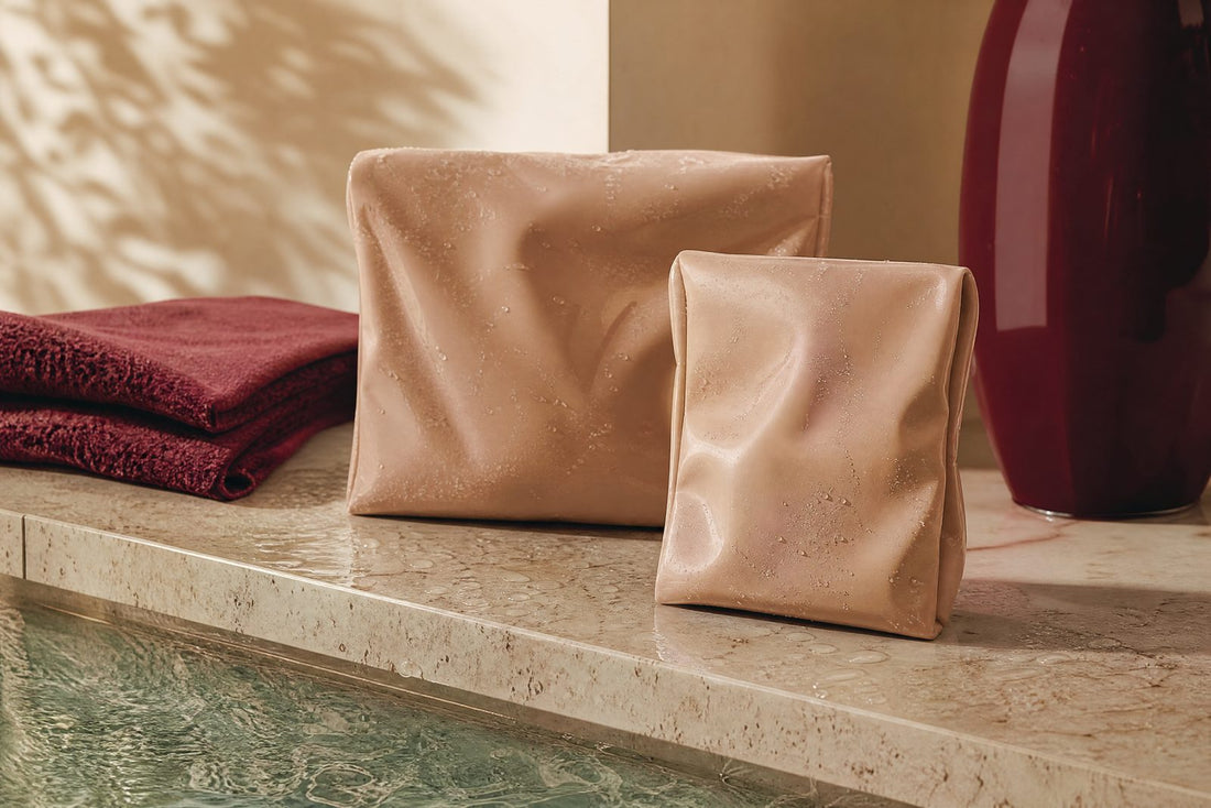 Cache-tetons waterproof couleur peau au bord d'une piscine, serviette bordeaux