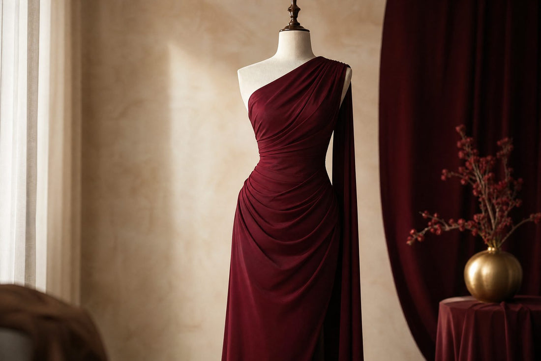 Robe asymetrique une epaule drapee sur un buste de presentation, tons creme et bordeaux