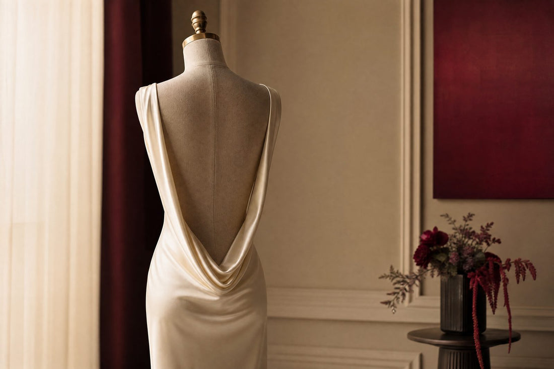 Robe du soir creme a dos ouvert sur un mannequin, vue de dos