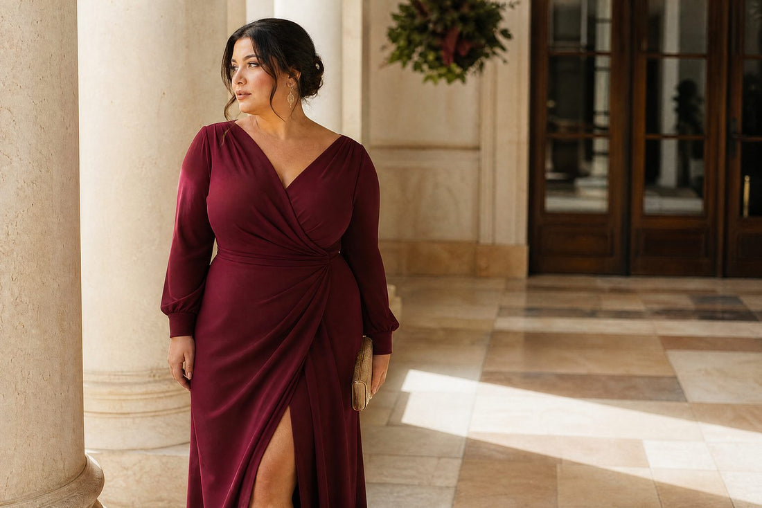Femme aux formes genereuses en robe d'invitee bordeaux elegante, allure posee