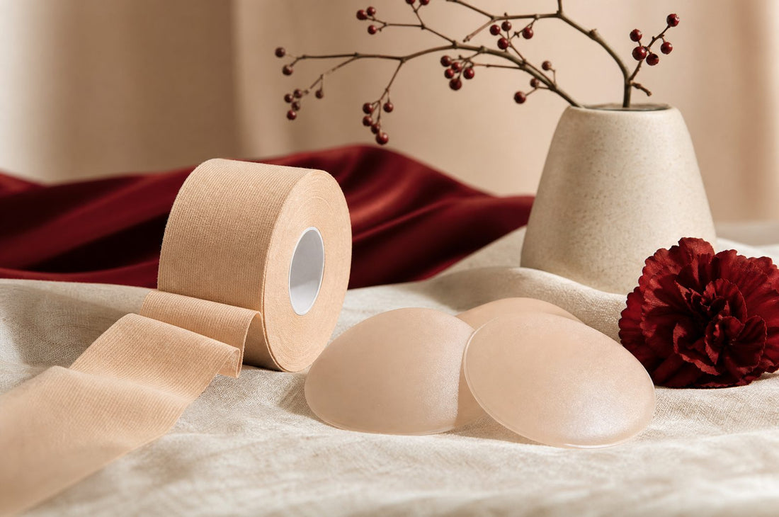 Rouleau de boob tape et cache-tetons silicone comme alternatives sur du lin creme