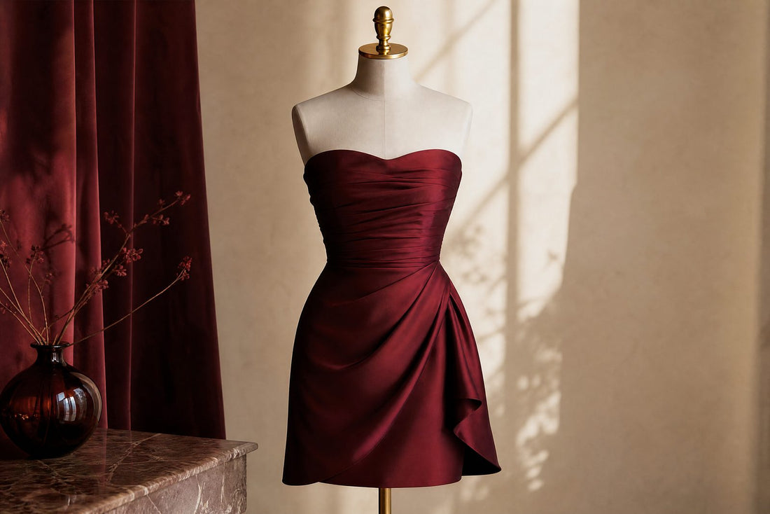 Robe cocktail bustier bordeaux sur un buste sous une lumiere chaude