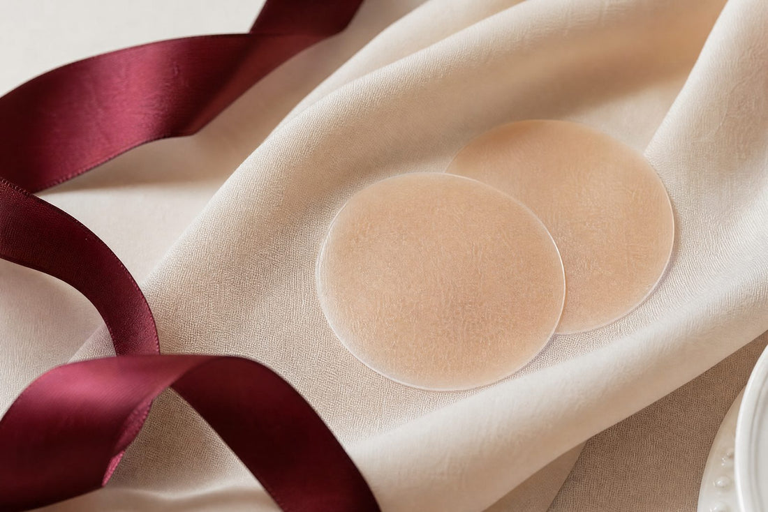 Paire de cache-tétons en silicone teinte chair posée sur un tissu crème, décor éditorial crème et bordeaux, lumière douce, sans texte