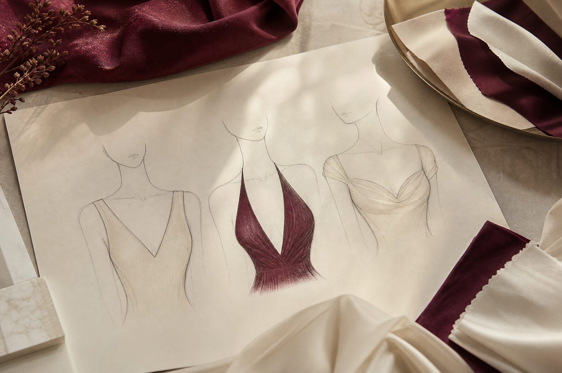Trois types de decolletes croques sur du papier creme avec echantillons de tissu