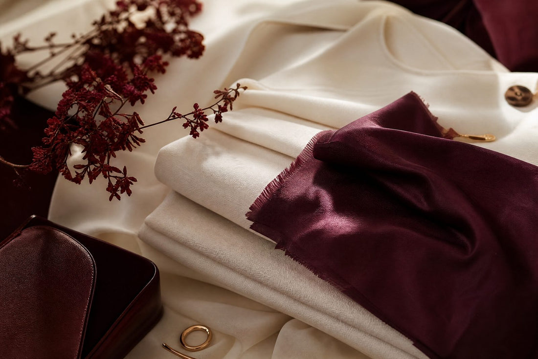 Tissus delicats creme plies avec un echantillon de soie bordeaux