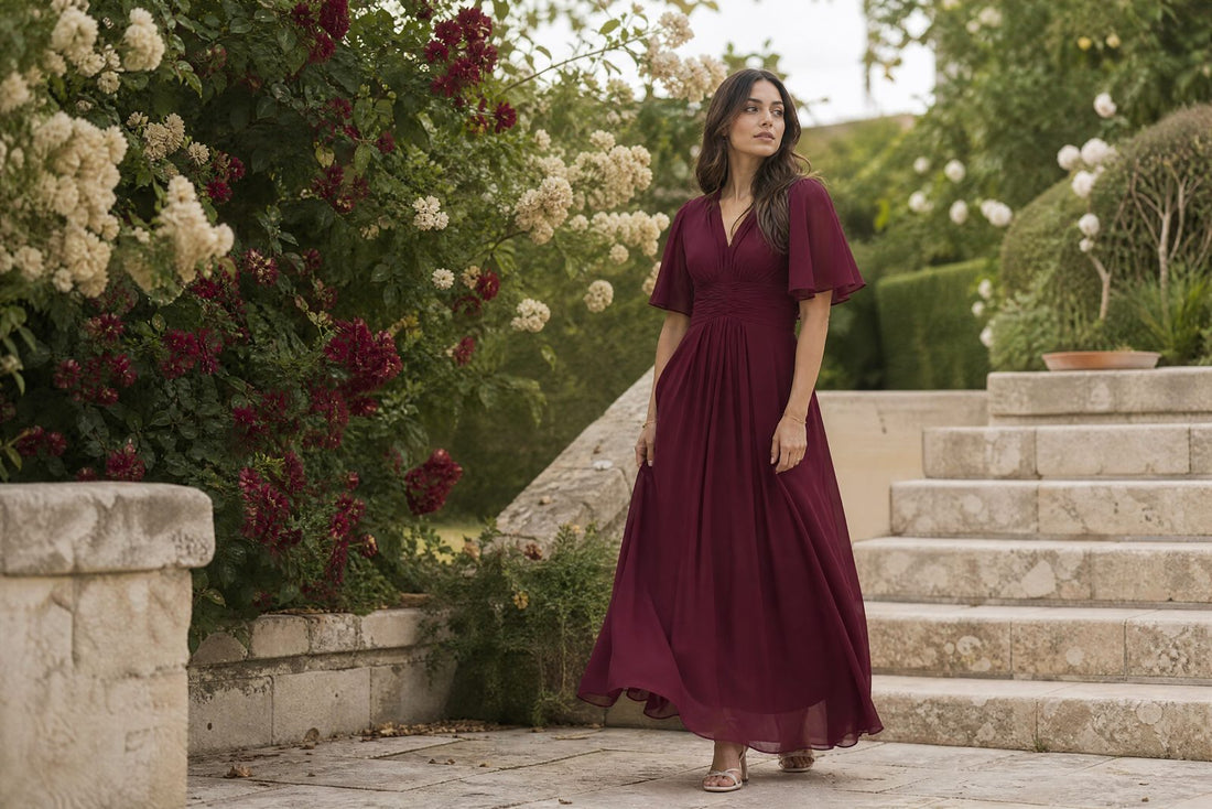 Femme en robe d'invitee bordeaux fluide dans un jardin ensoleille