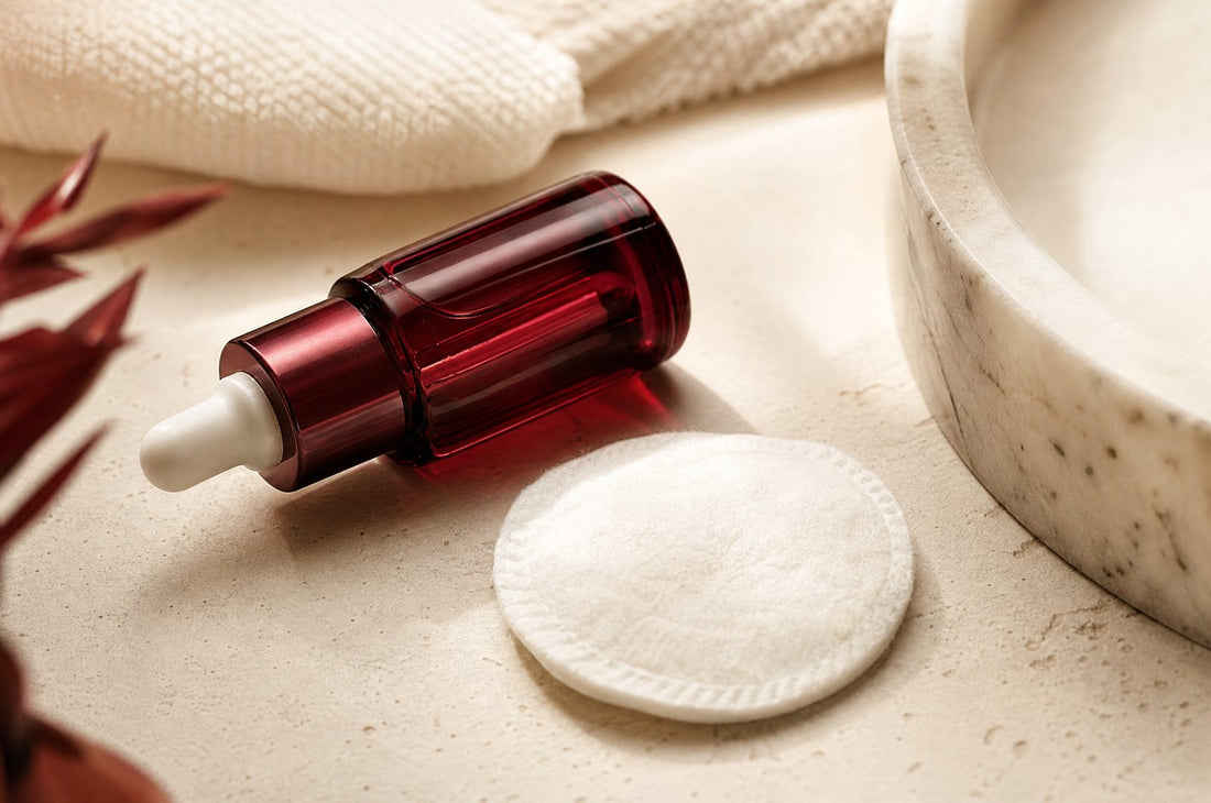 Flacon d'huile et coton doux sur une surface de salle de bain creme