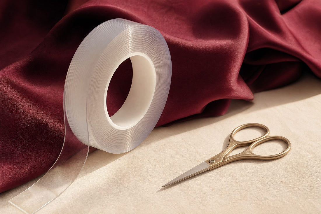 Ruban adhésif mode transparent et tissu drapé sur fond crème aux touches bordeaux, ambiance éditoriale mode