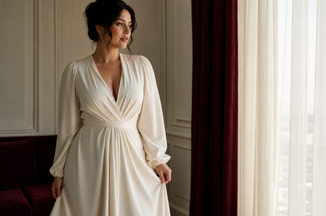 Femme aux formes genereuses en robe creme a col V profond, allure maitrisee