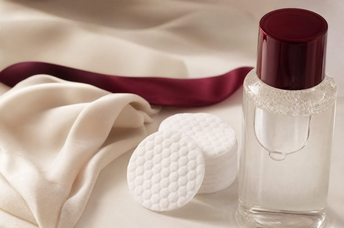 Coton et flacon nettoyant sur une surface creme et nette