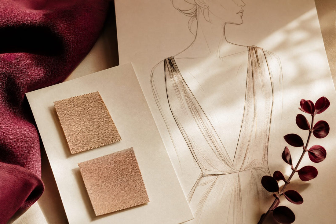 Petits cache-tetons couleur peau sur une carte creme pres d'un croquis de decollete