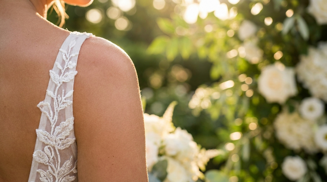 Détail épaule et bretelle d'une robe de mariée en été