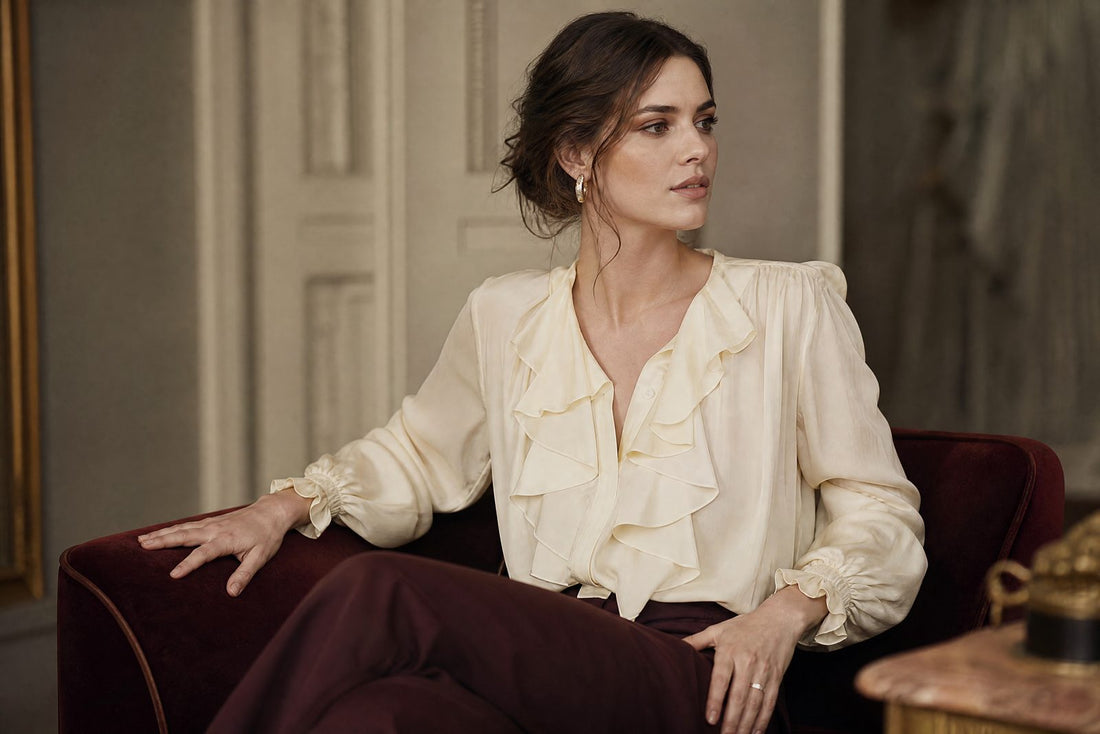 Femme mince en chemisier creme a volants dans une lumiere editoriale douce