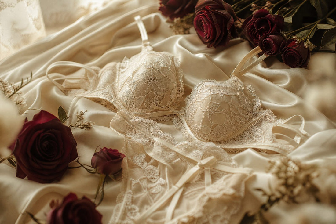 Lingerie de mariee ivoire posee sur de la soie creme avec des roses bordeaux
