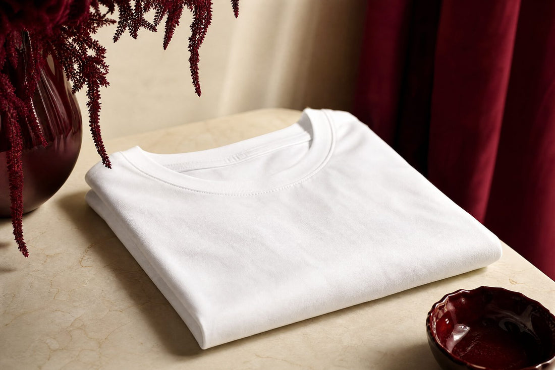 Tee-shirt blanc plie sur une surface creme aux touches bordeaux