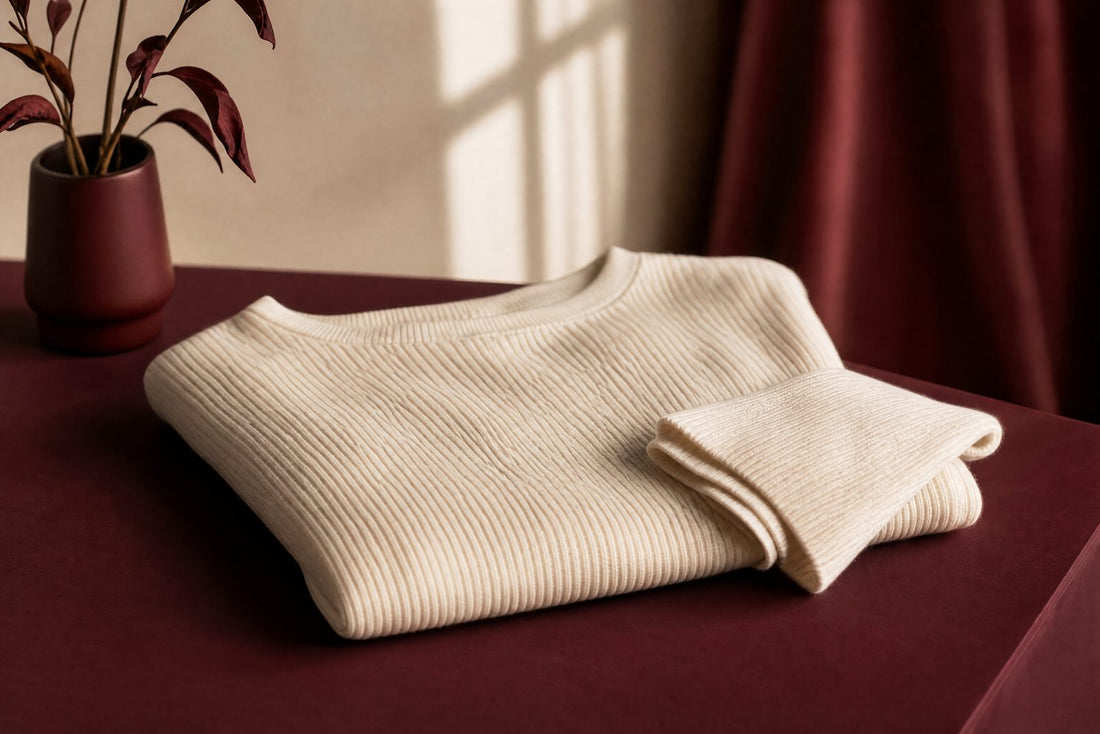 Haut creme cotele plie de facon lisse sur une surface bordeaux