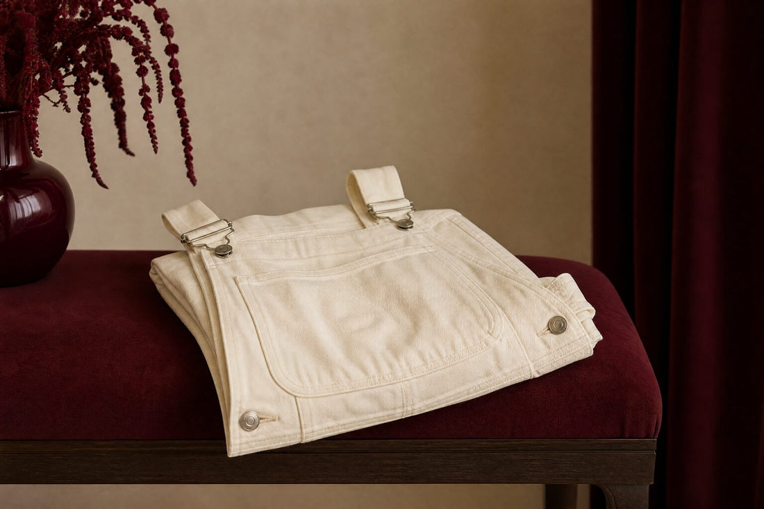 Salopette en jean creme pliee sur un banc bordeaux