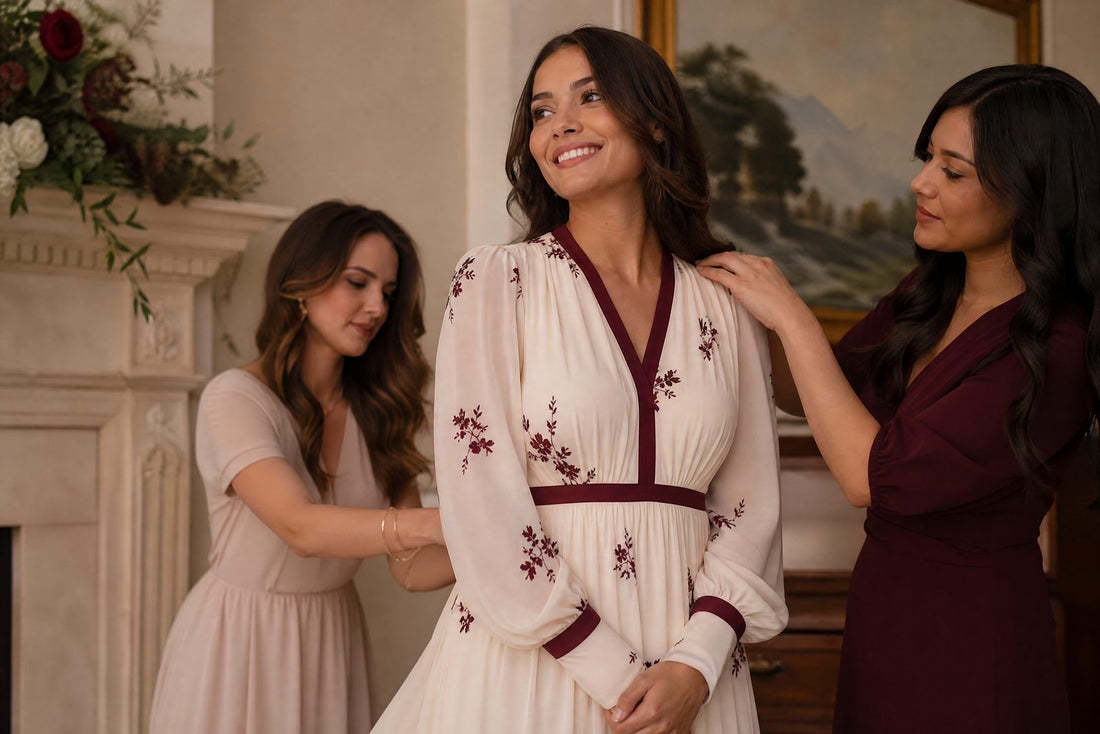 Femme en robe creme ludique avec details bordeaux, ambiance festive