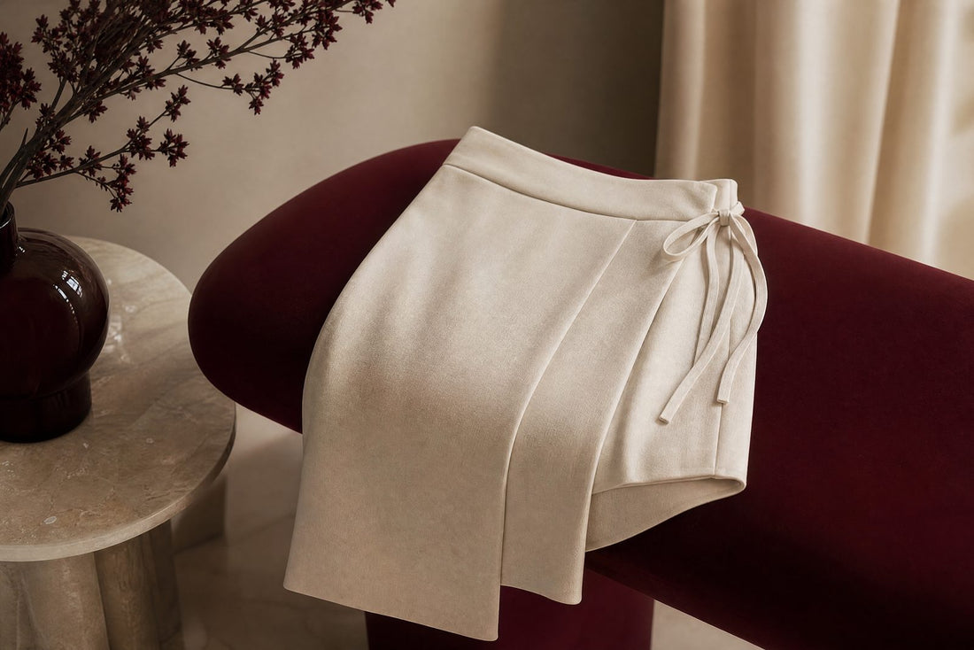 Jupe portefeuille en tissu creme pliee sur un banc bordeaux