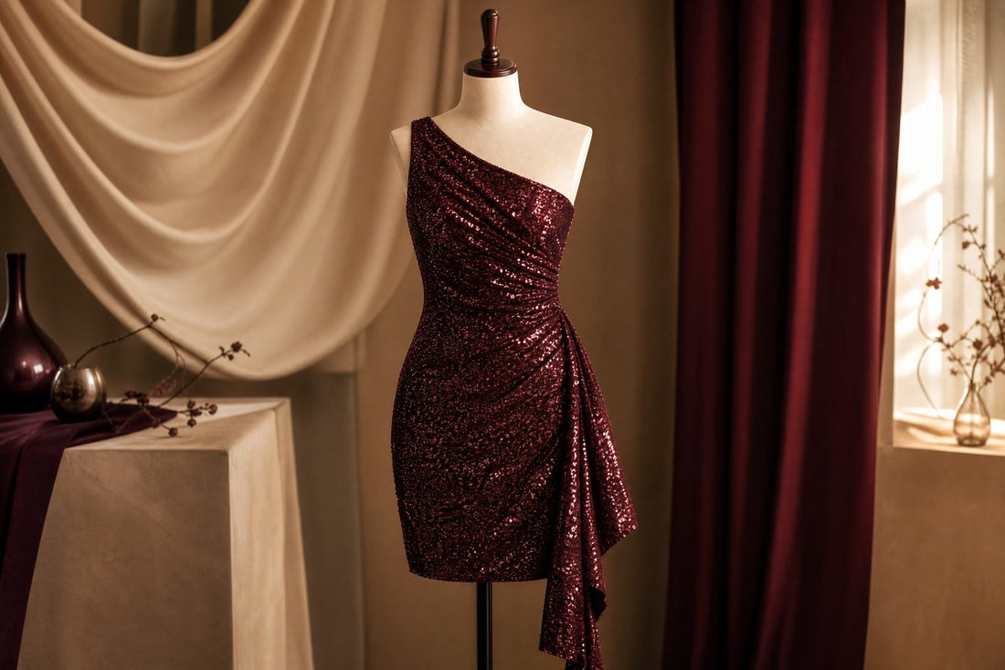 Robe de fete bordeaux a sequins sur un buste sous une lumiere doree douce