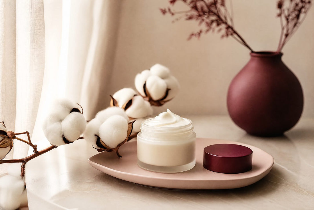 Creme apaisante et coton sur une surface pastel et creme