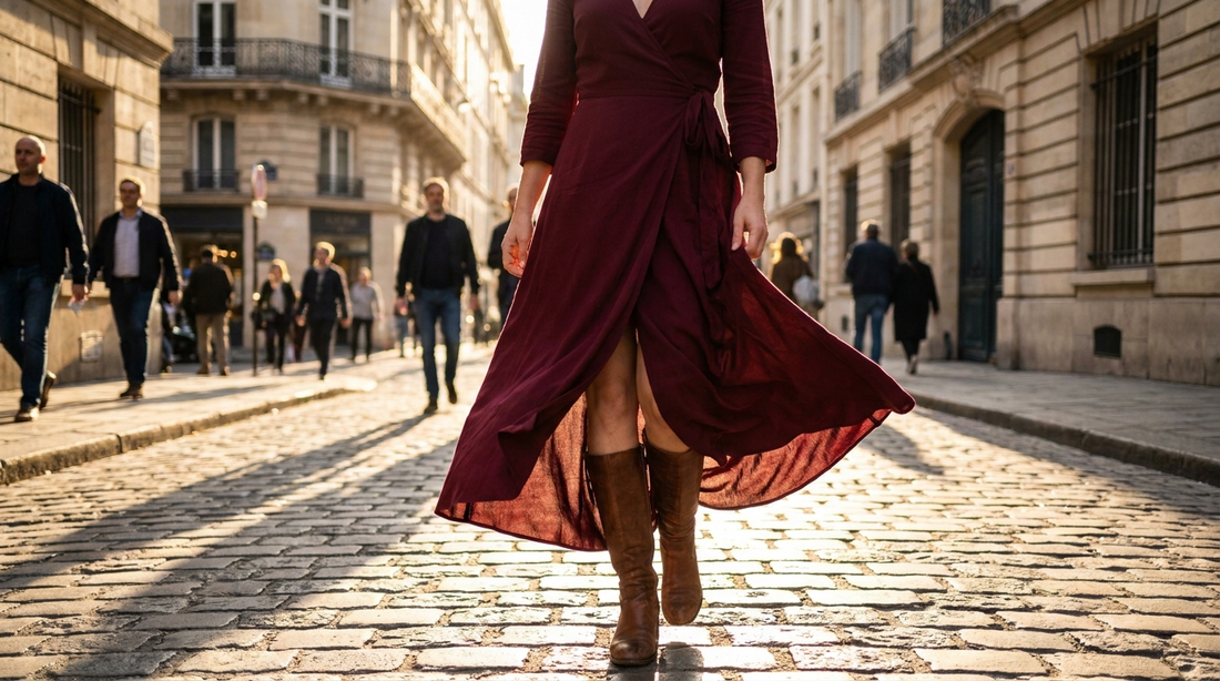 Robe portefeuille bordeaux qui s'ouvre en marchant