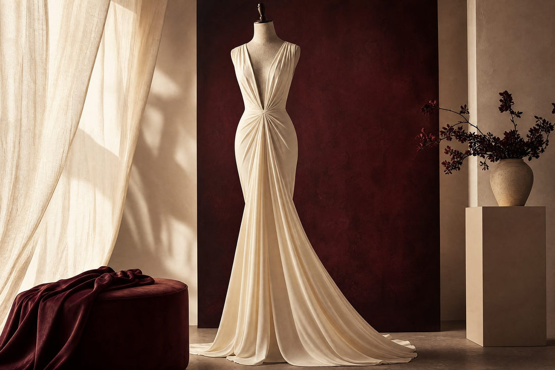 Robe creme a decollete en V profond sur un buste devant un fond bordeaux