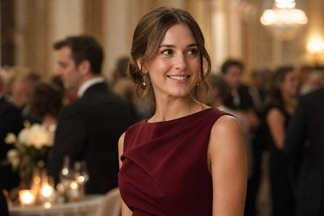Femme en robe cocktail bordeaux raffinee lors d'une soiree elegante