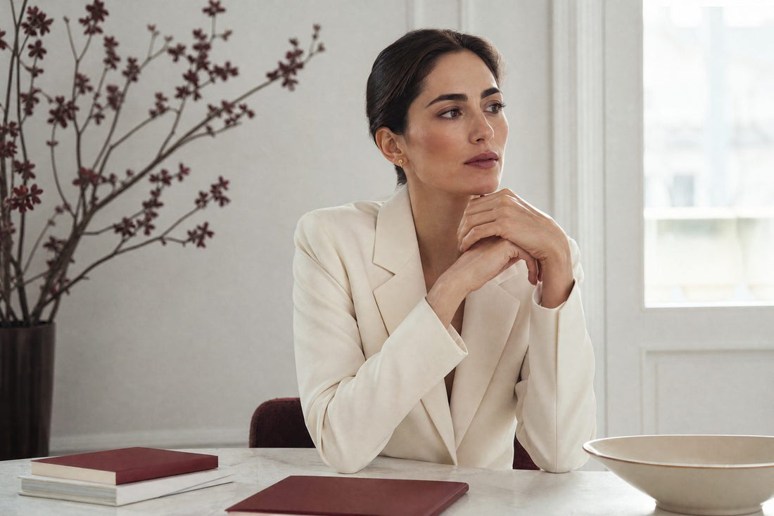 Femme en blazer creme ajuste a un bureau minimaliste et lumineux