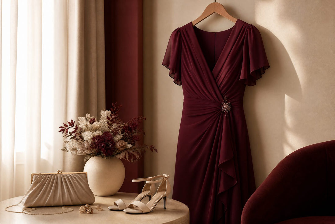 Robe d'invitee bordeaux elegante sur un cintre avec accessoires creme