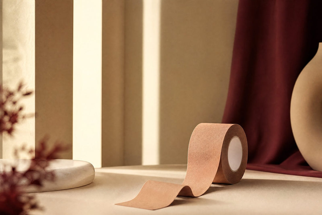 Rouleau de boob tape sur une surface creme pres d'une fenetre ensoleillee