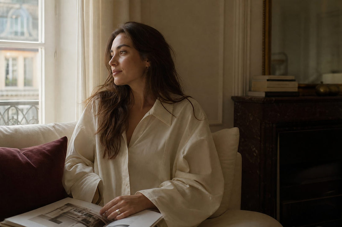 Femme en chemise creme ample a la maison dans une lumiere matinale douce