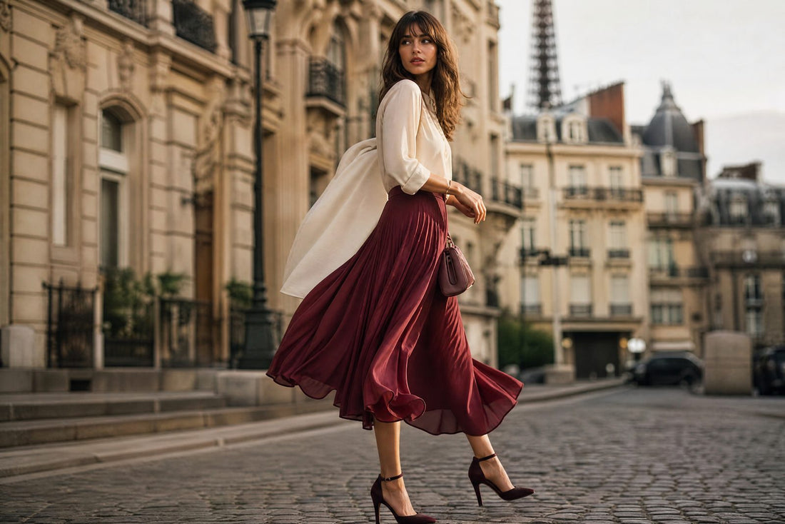 Jeune femme en jupe midi bordeaux marchant dans une rue pavée, lumière douce, ambiance éditoriale crème et chaleureuse