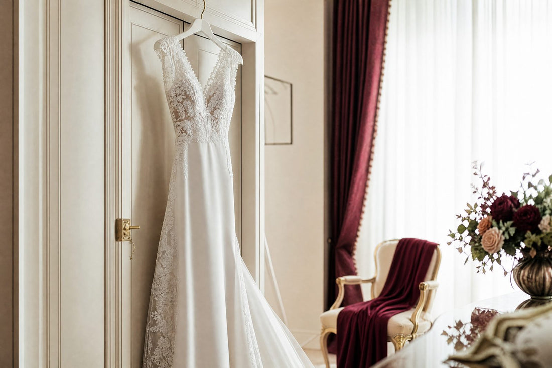 Robe de mariée en soie et dentelle dans une scène de préparatifs élégante, tons crème et bordeaux