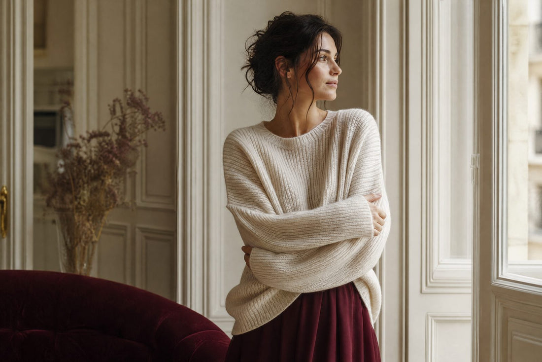 Femme en pull en maille creme pres d'une fenetre, lumiere naturelle douce